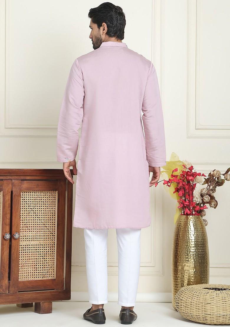 Pink Embroidered Poly Blend Kurta Set For Men