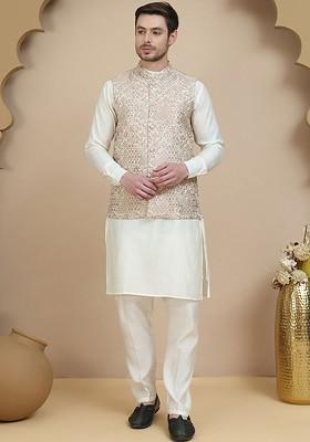 Off White Floral Print Poly Blend Kurta Set For Men