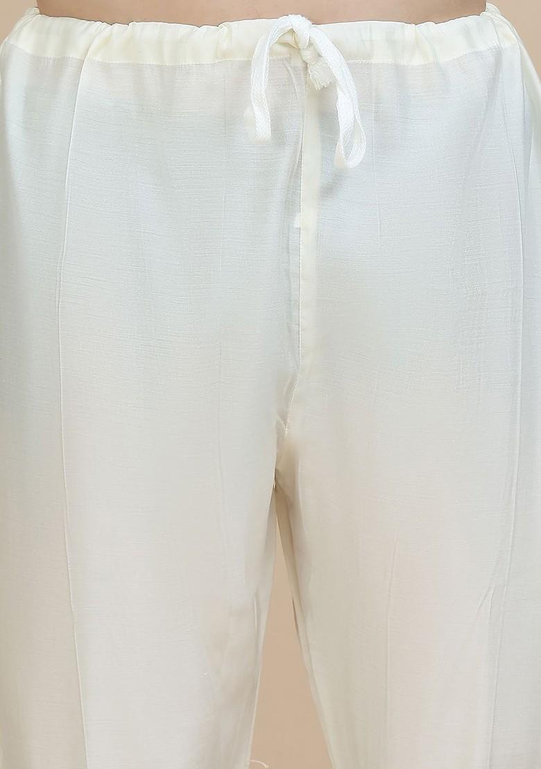 Off White Floral Print Poly Blend Kurta Set For Men