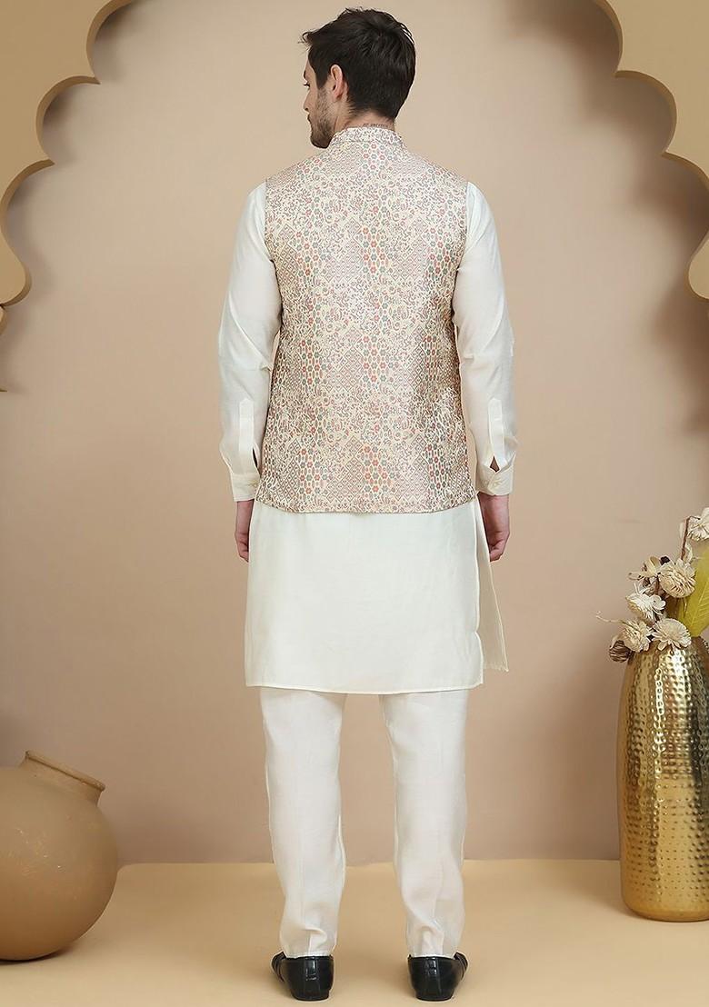 Off White Floral Print Poly Blend Kurta Set For Men