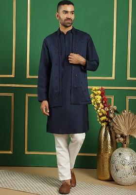 Navy Blue Embroidered Poly Blend Kurta Set For Men