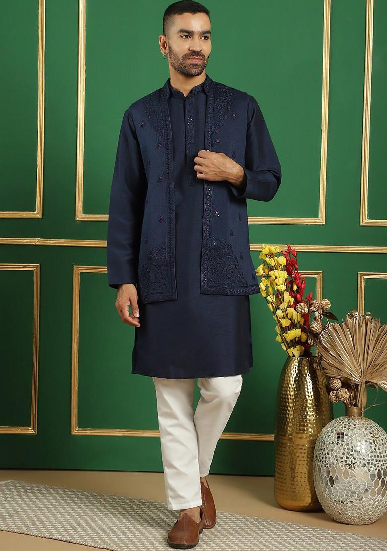Navy Blue Embroidered Poly Blend Kurta Set For Men