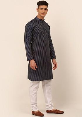 Navy Blue Embroidered Poly Blend Kurta Set For Men
