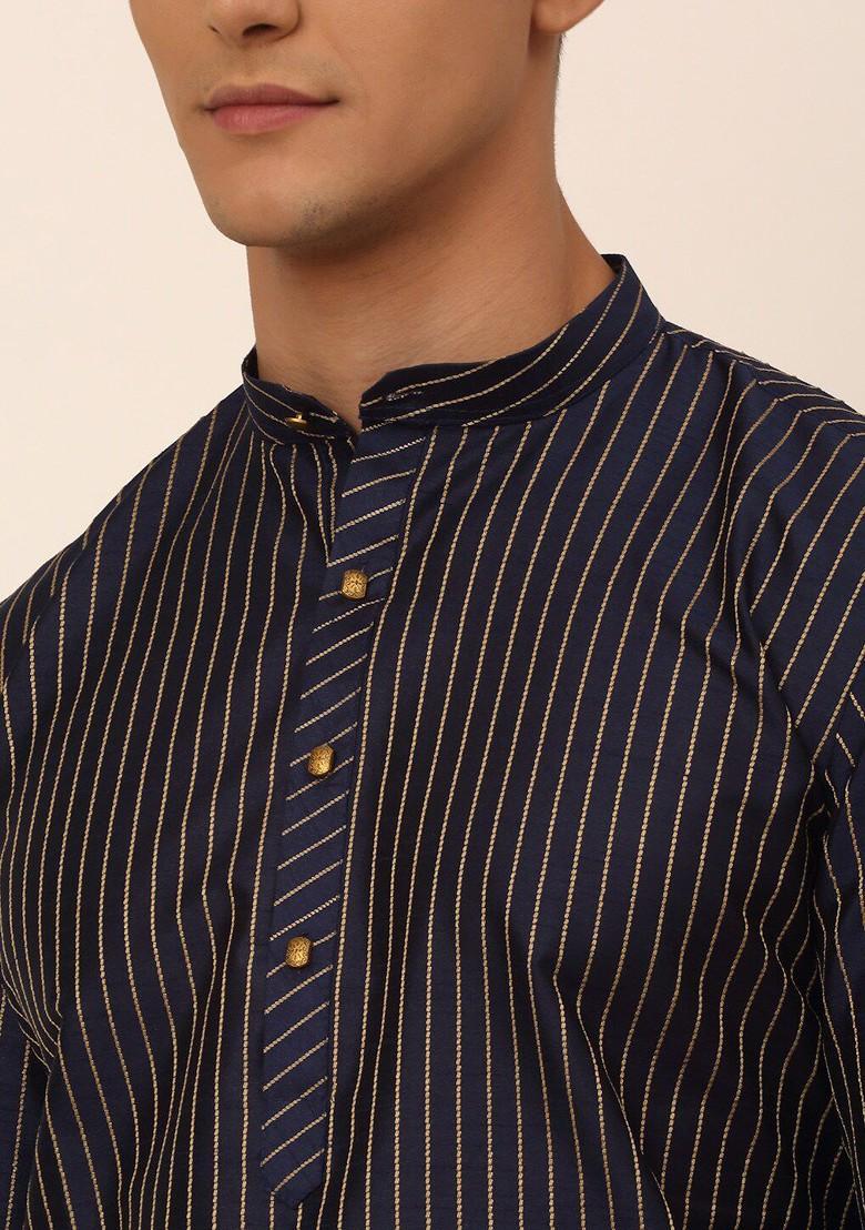 Navy Blue Embroidered Poly Blend Kurta Set For Men