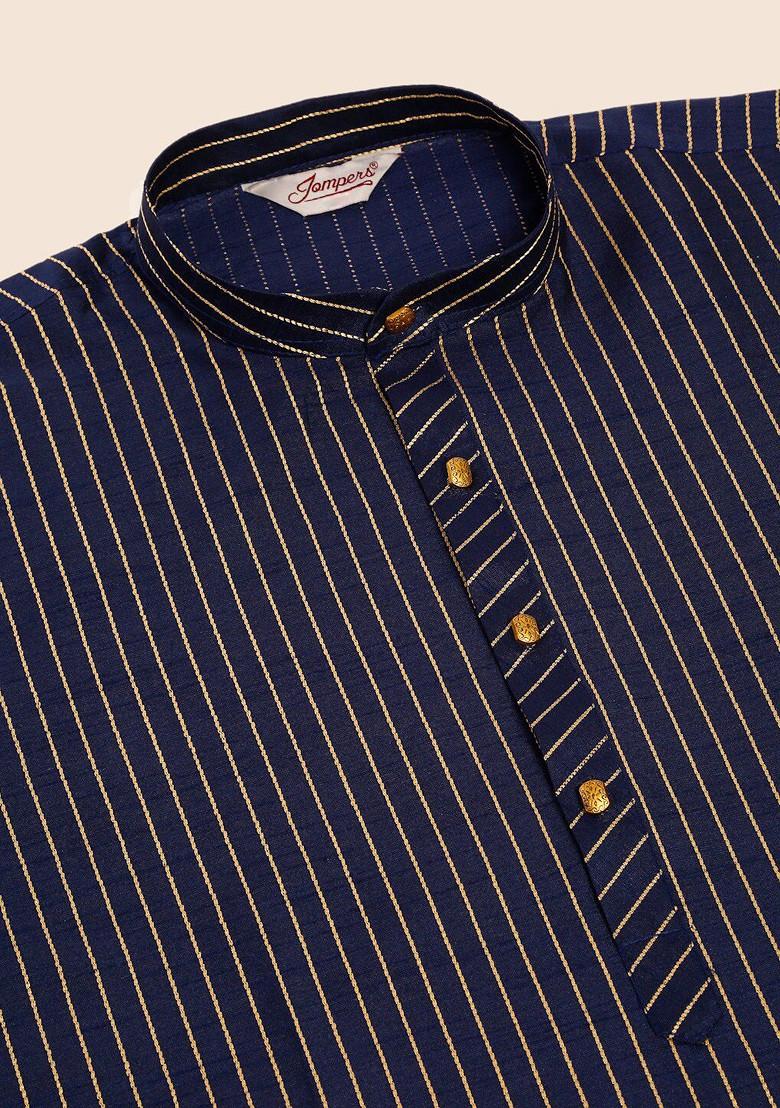 Navy Blue Embroidered Poly Blend Kurta Set For Men