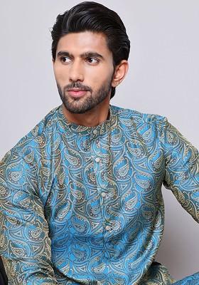 Blue Woven Design Poly Blend Kurta Set For Men