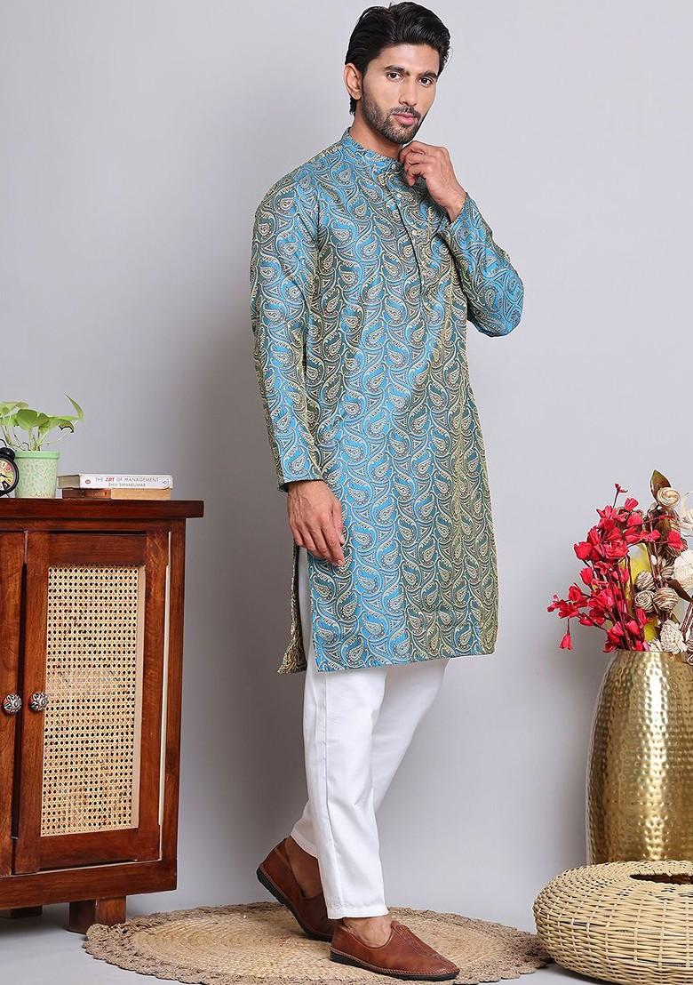 Blue Woven Design Poly Blend Kurta Set For Men