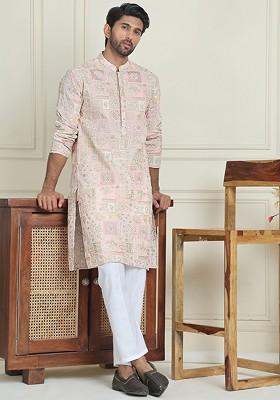 Peach Embroidered Poly Blend Kurta Set For Men