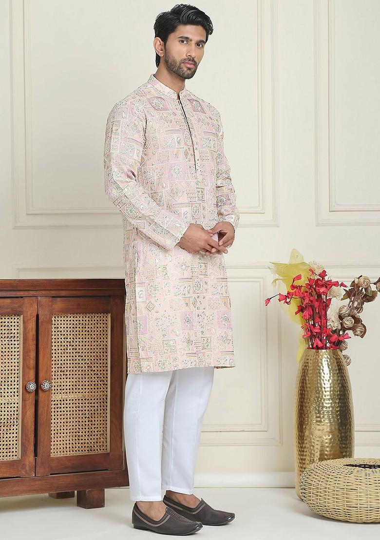 Peach Embroidered Poly Blend Kurta Set For Men