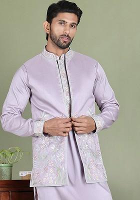 Purple Embroidered Poly Blend Kurta Set For Men