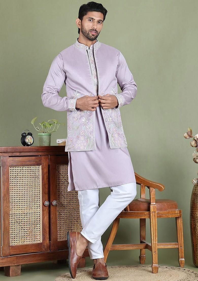 Purple Embroidered Poly Blend Kurta Set For Men