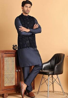 Navy Blue Embroidered Poly Blend Kurta Set For Men