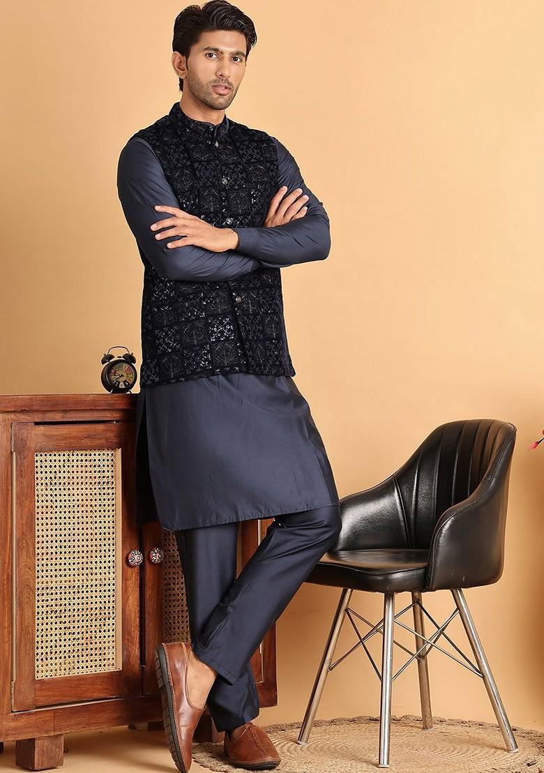 Navy Blue Embroidered Poly Blend Kurta Set For Men