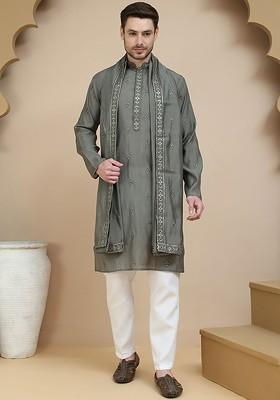 Grey Embroidered Poly Blend Kurta Set For Men