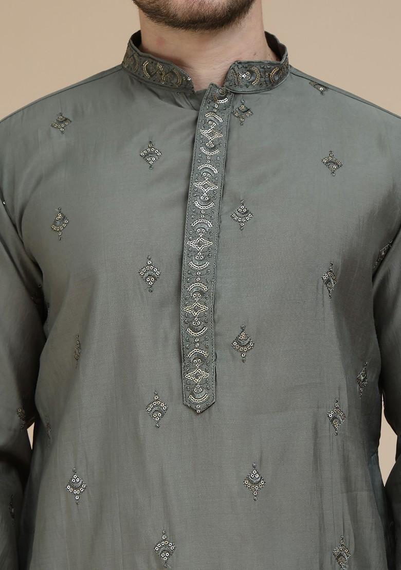 Grey Embroidered Poly Blend Kurta Set For Men