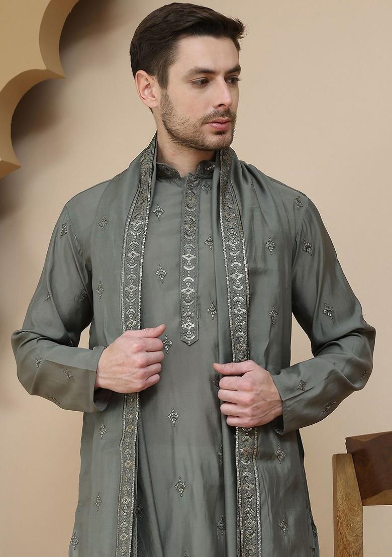 Grey Embroidered Poly Blend Kurta Set For Men