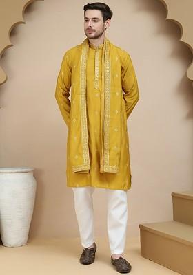 Mustard Yellow Embroidered Poly Blend Kurta Set For Men