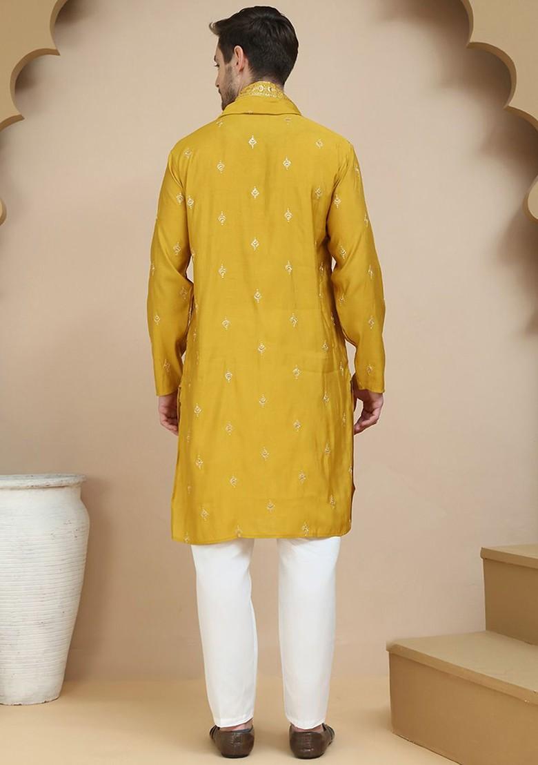Mustard Yellow Embroidered Poly Blend Kurta Set For Men