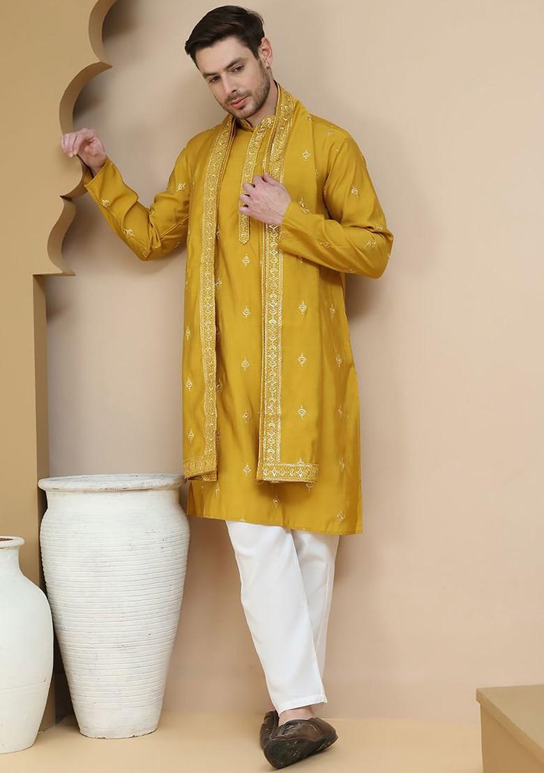 Mustard Yellow Embroidered Poly Blend Kurta Set For Men