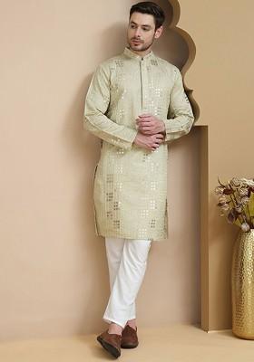 Green Embroidered Poly Blend Kurta Set For Men