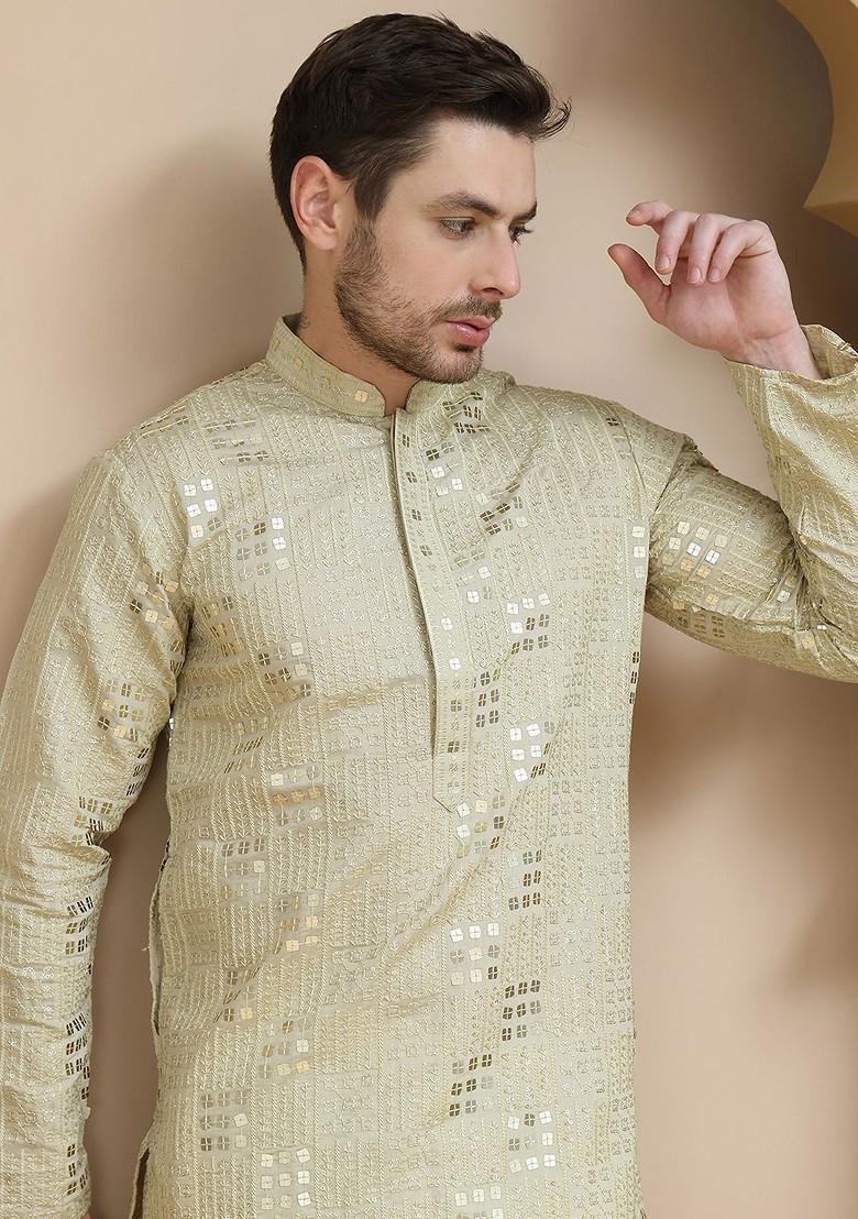 Green Embroidered Poly Blend Kurta Set For Men
