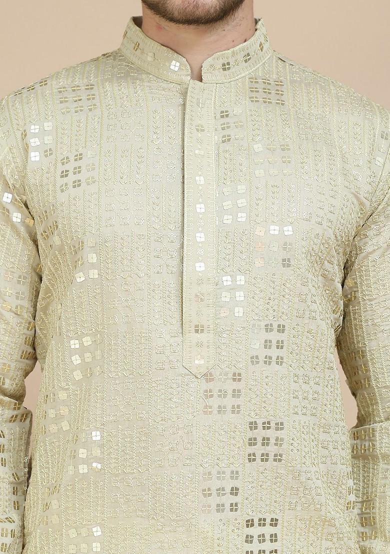 Green Embroidered Poly Blend Kurta Set For Men