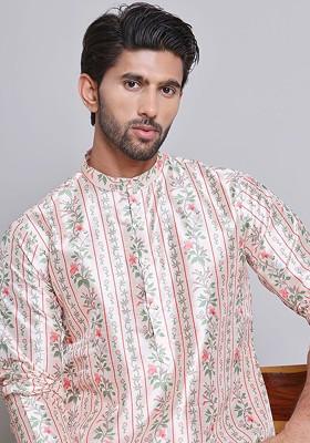Pink Printed Poly Blend Kurta Set For Men