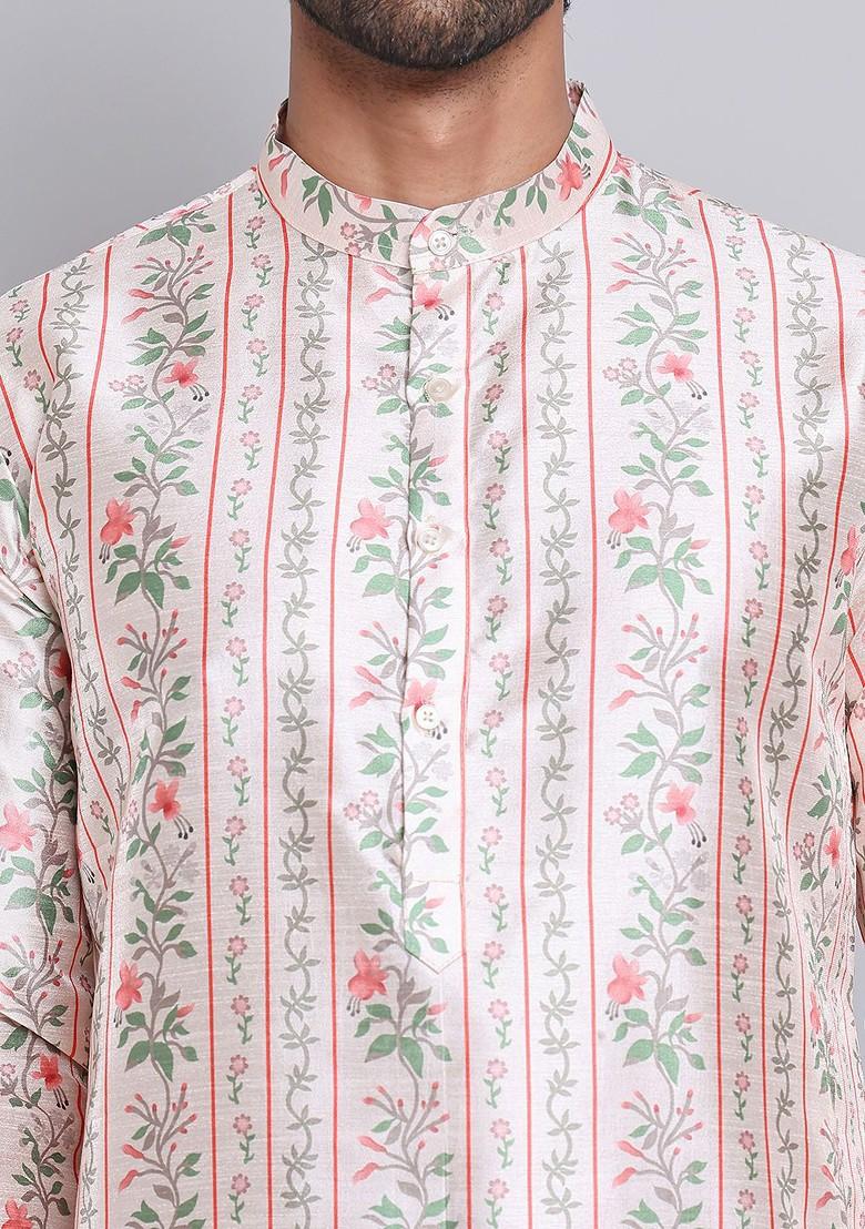 Pink Printed Poly Blend Kurta Set For Men