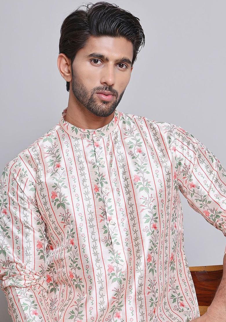 Pink Printed Poly Blend Kurta Set For Men