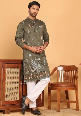Olive Embroidered Poly Blend Kurta Set For Men