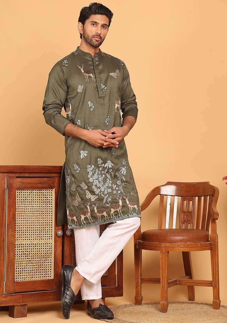 Olive Embroidered Poly Blend Kurta Set For Men - Indya