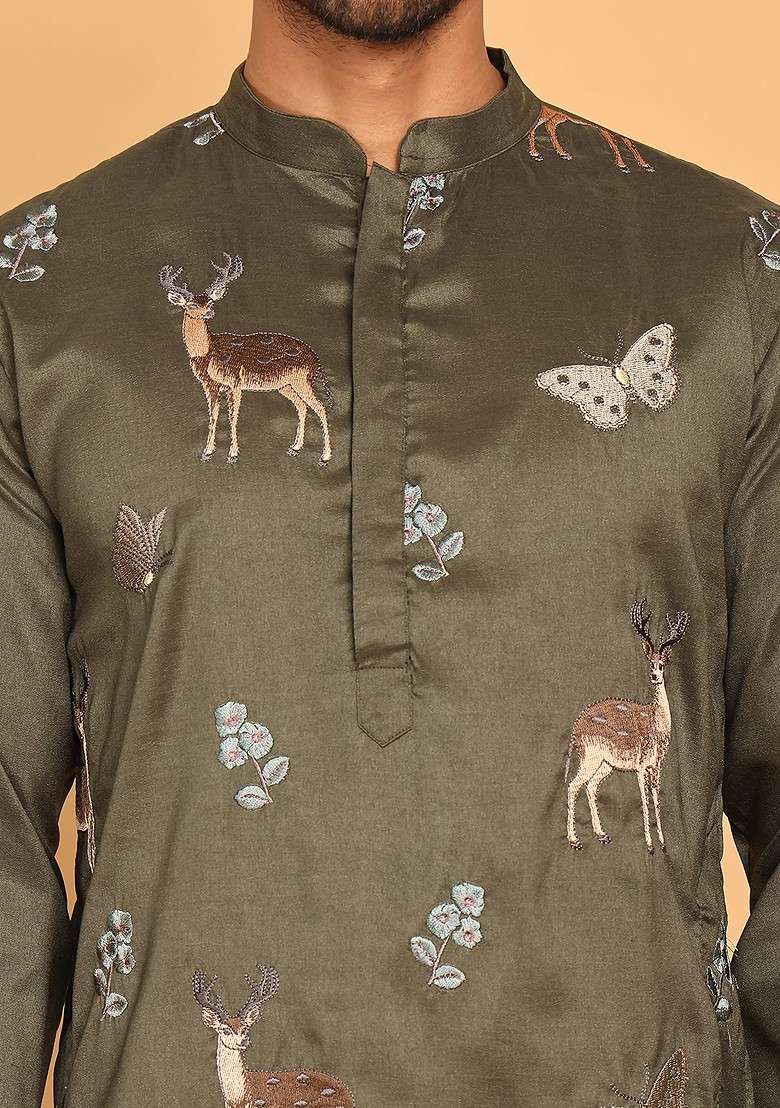 Olive Embroidered Poly Blend Kurta Set For Men - Indya