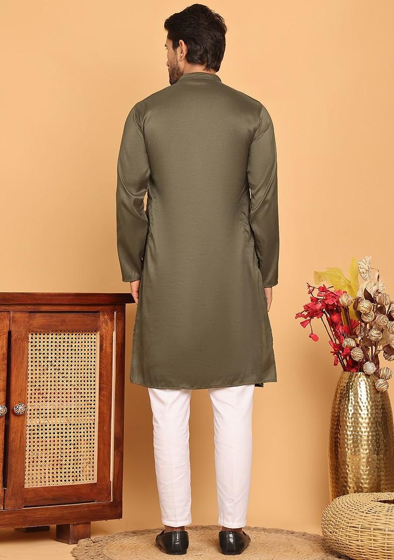 Olive Embroidered Poly Blend Kurta Set For Men