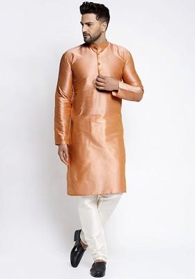 Bronze Brown Embroidered Poly Blend Kurta Set For Men
