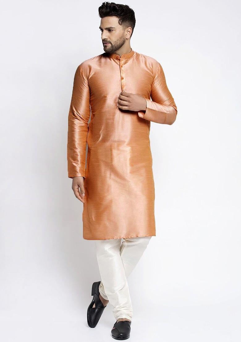 Bronze Brown Embroidered Poly Blend Kurta Set For Men