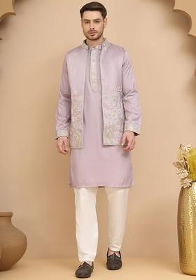 Purple Embroidered Poly Blend Kurta Set For Men