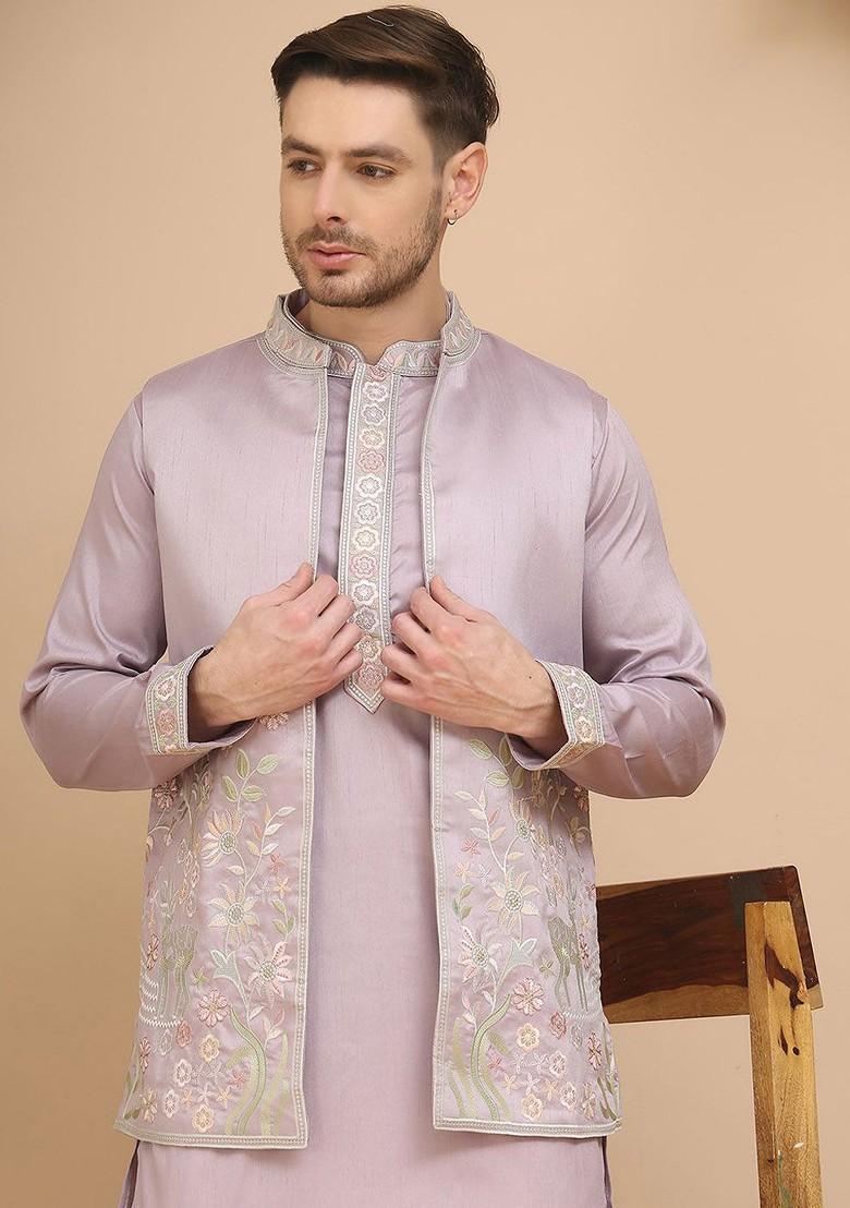 Purple Embroidered Poly Blend Kurta Set For Men