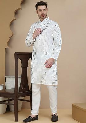 White Embroidered Poly Blend Kurta Set For Men