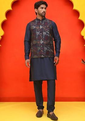 Navy Blue Embroidered Poly Blend Kurta Set For Men