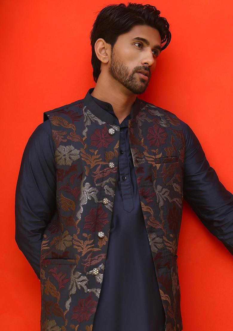 Navy Blue Embroidered Poly Blend Kurta Set For Men