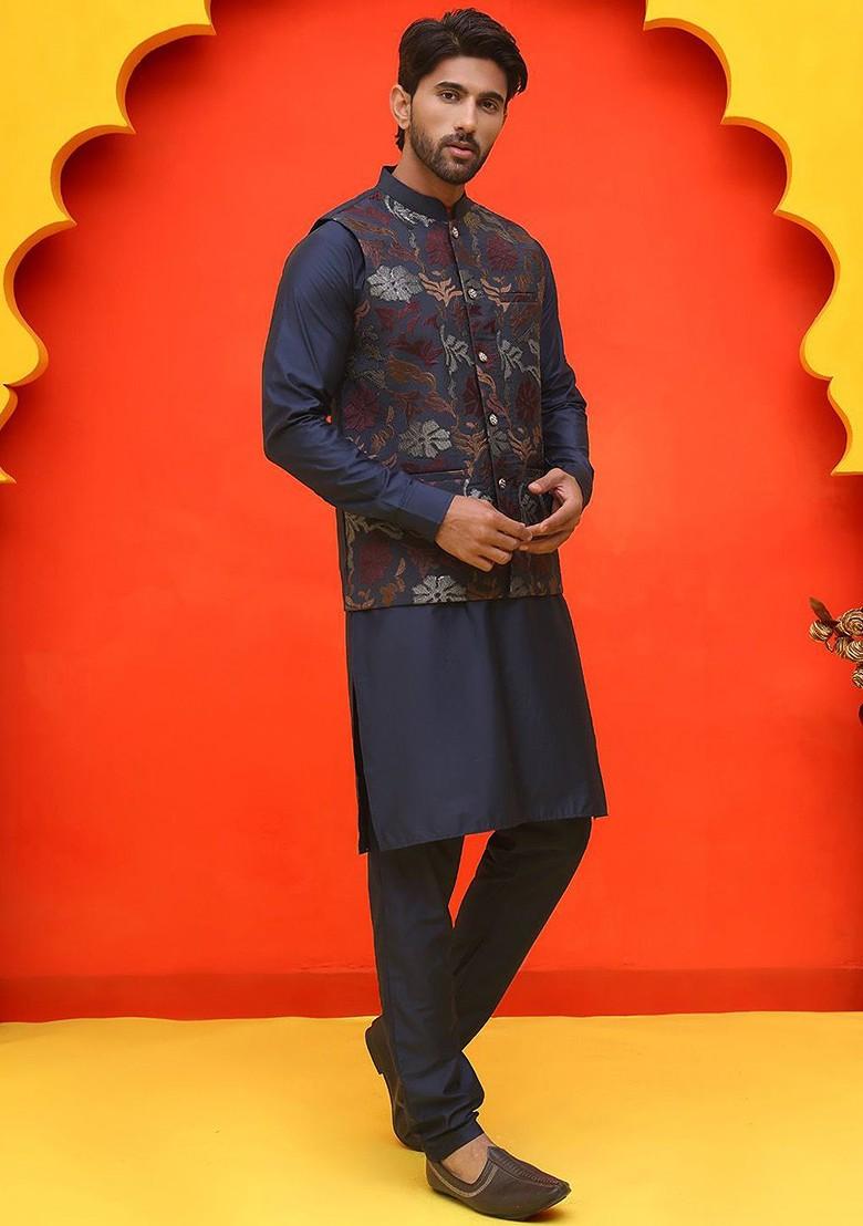 Navy Blue Embroidered Poly Blend Kurta Set For Men