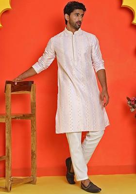 Peach Embroidered Poly Blend Kurta Set For Men