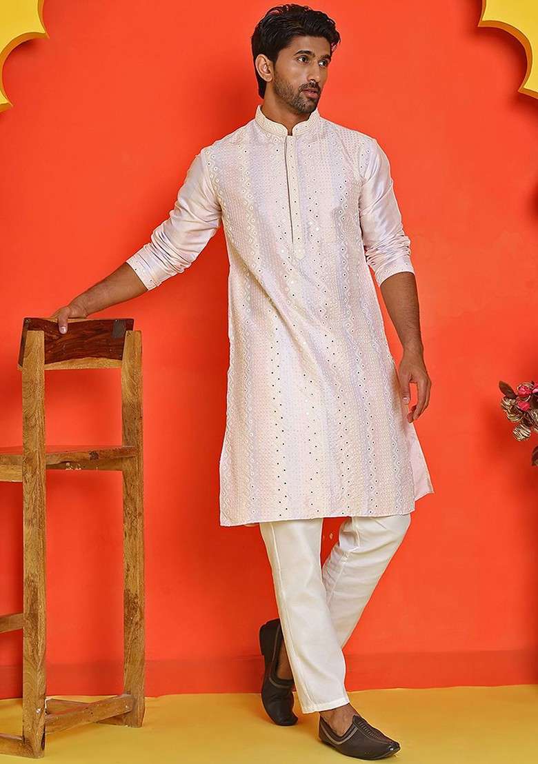 Peach Embroidered Poly Blend Kurta Set For Men - Indya