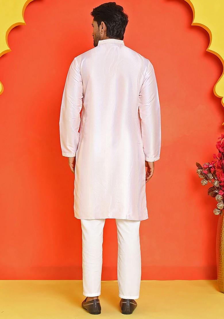Peach Embroidered Poly Blend Kurta Set For Men