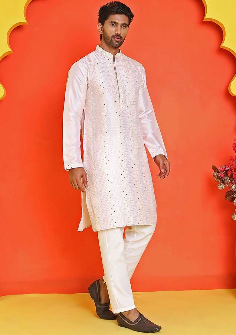 Peach Embroidered Poly Blend Kurta Set For Men - Indya