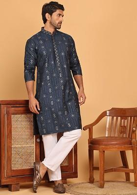Navy Blue Embroidered Poly Blend Kurta Set For Men