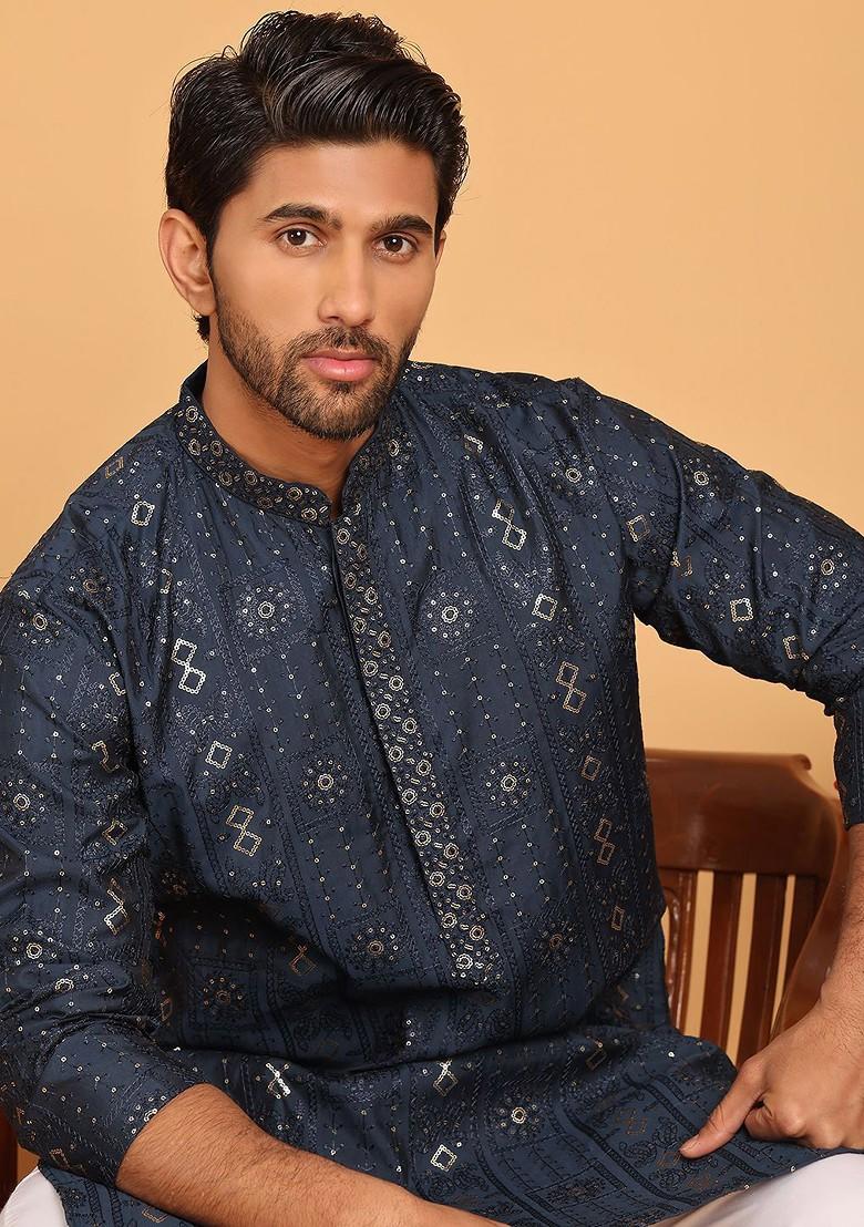 Navy Blue Embroidered Poly Blend Kurta Set For Men