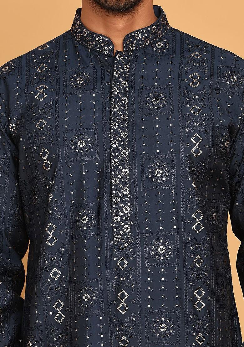 Navy Blue Embroidered Poly Blend Kurta Set For Men
