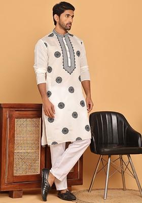 White Embroidered Poly Blend Kurta Set For Men