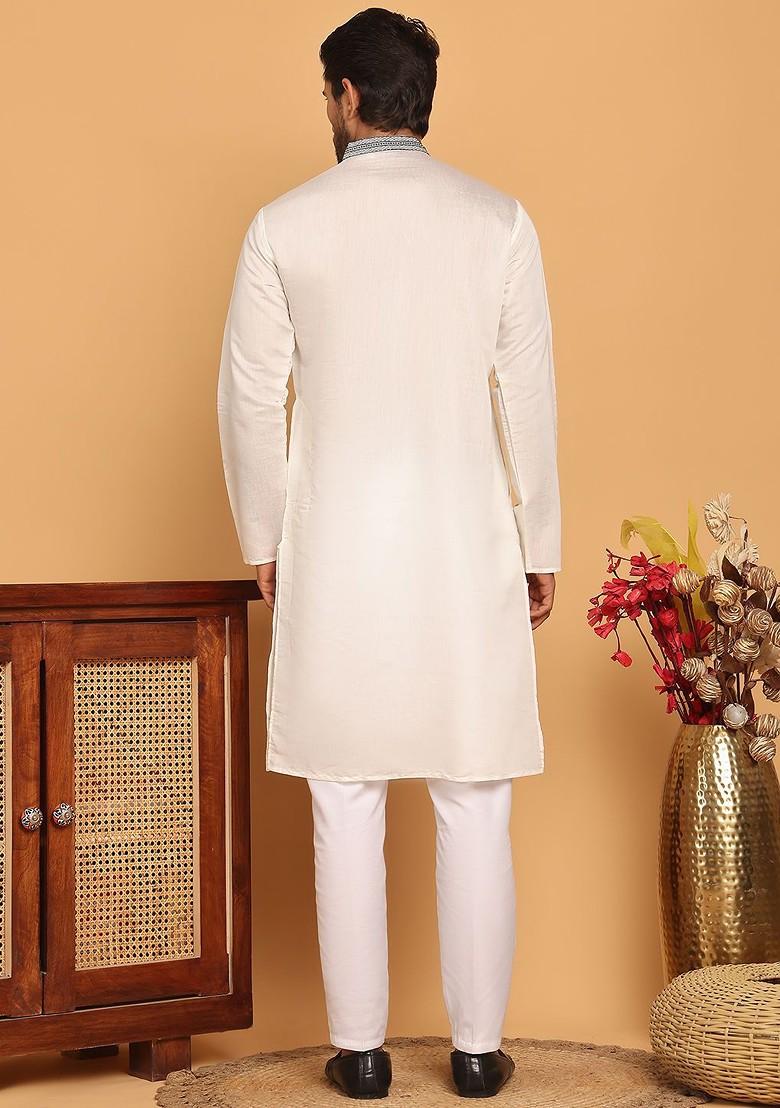 White Embroidered Poly Blend Kurta Set For Men